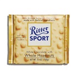 RITTER, WHITE CHOCOLATE WITH WHOLE HAZELNUTS